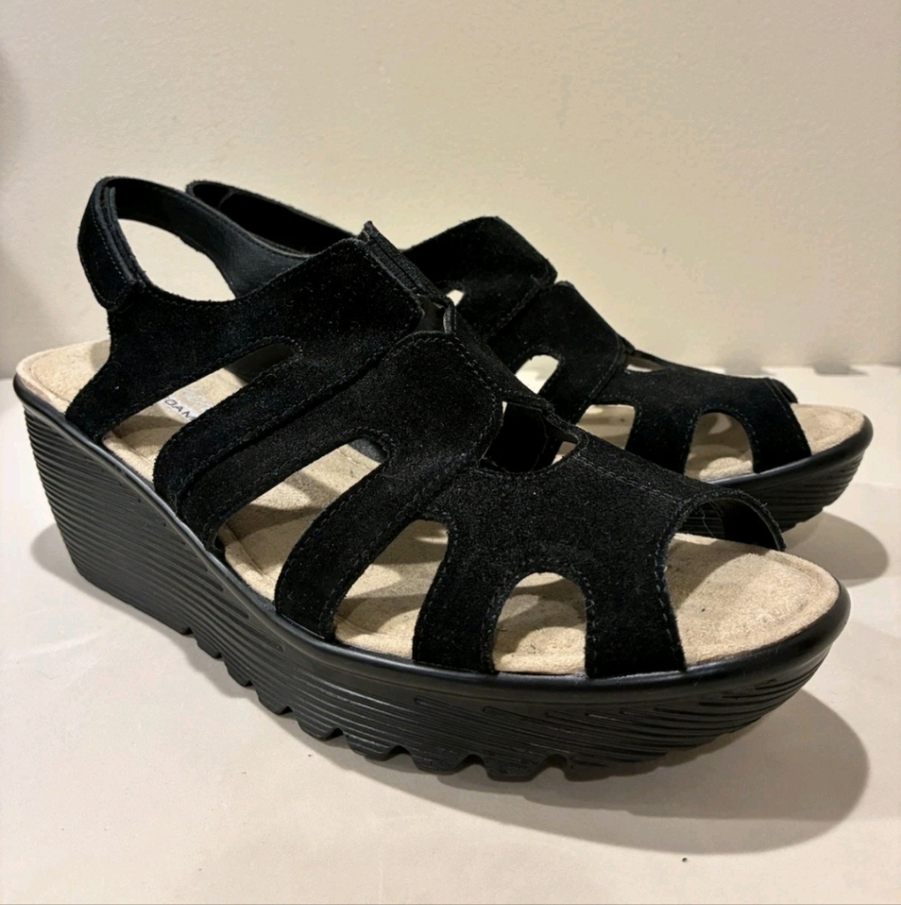 Skechers Black Suede Cutout Slingback Wedge Sandals